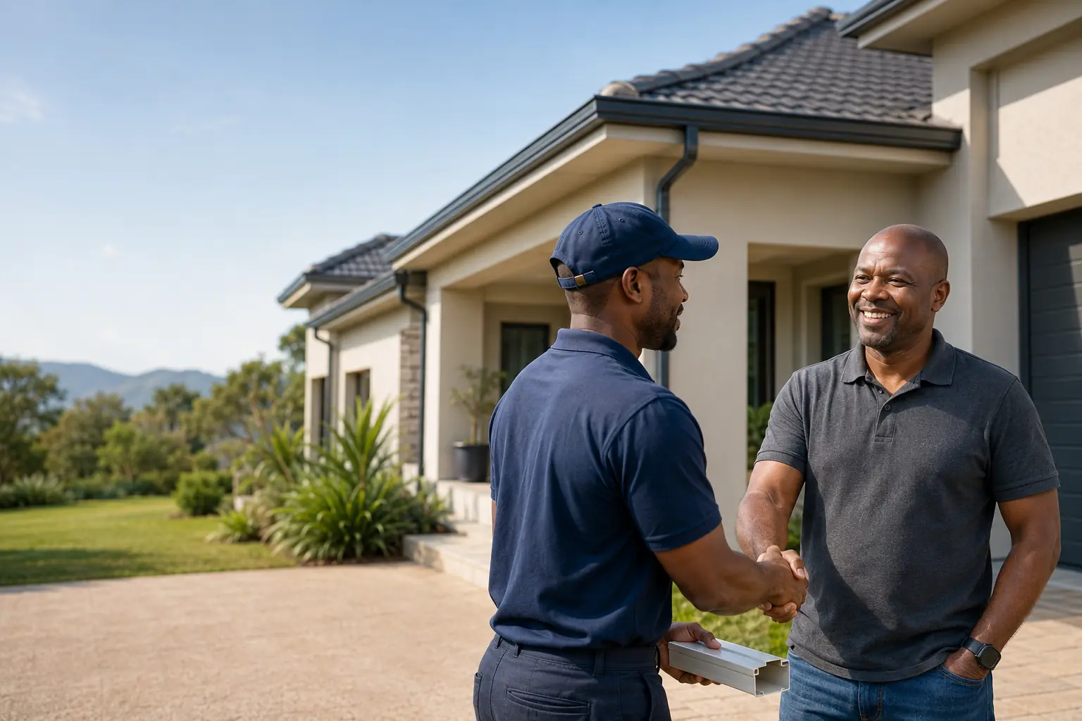 Guttering professional greeting a homeowner outside a modern home