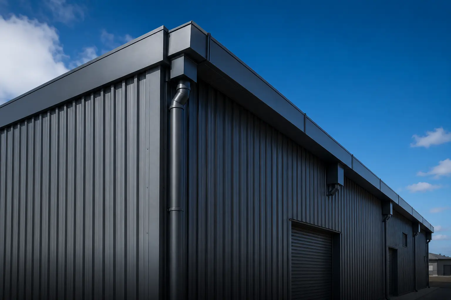 Industrial box gutter system on a charcoal metal building
